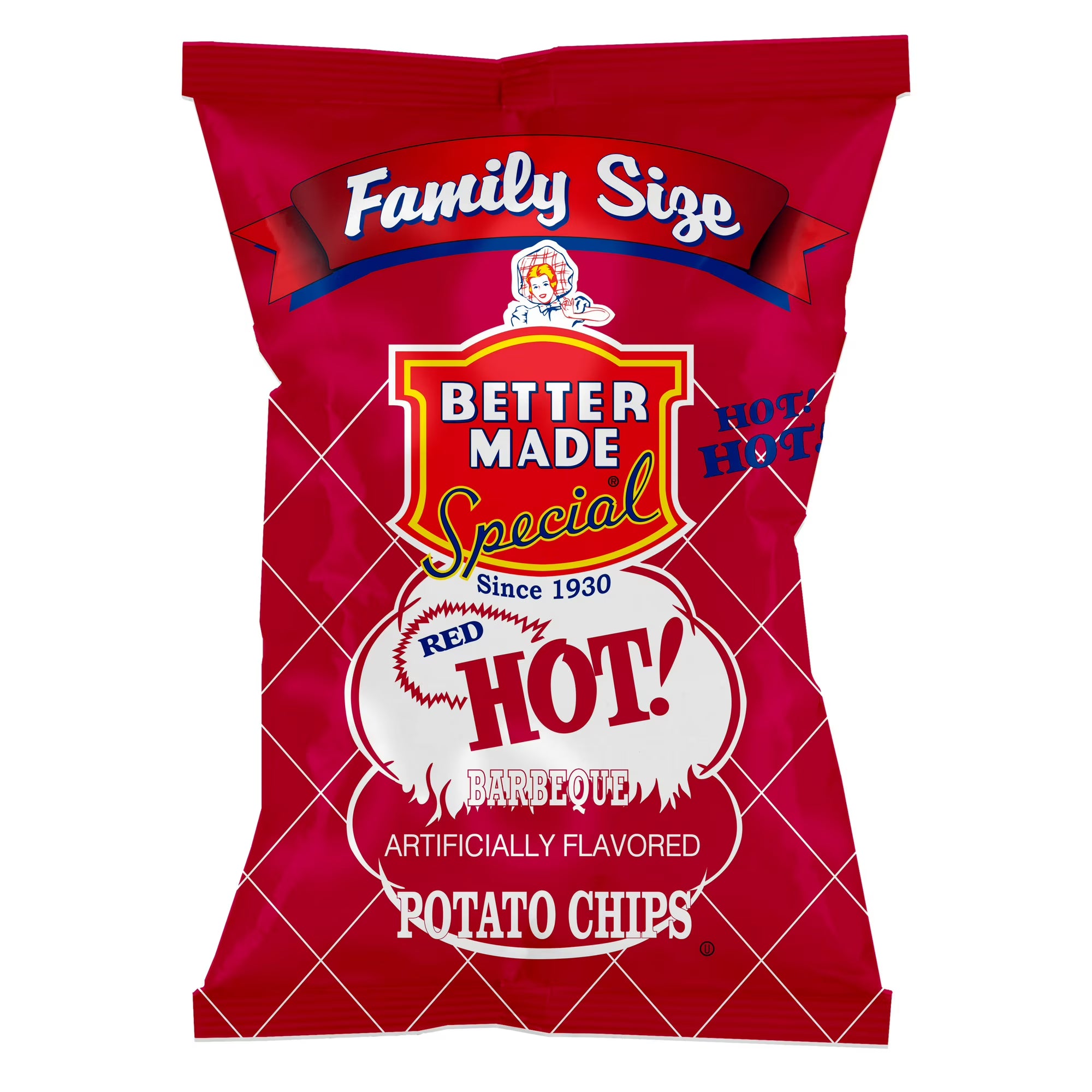 Better Made Hot BBQ Potato Chips bag red packaging with fire graphic