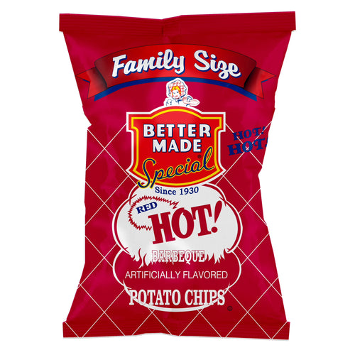 Better Made Hot BBQ Potato Chips bag red packaging with fire graphic