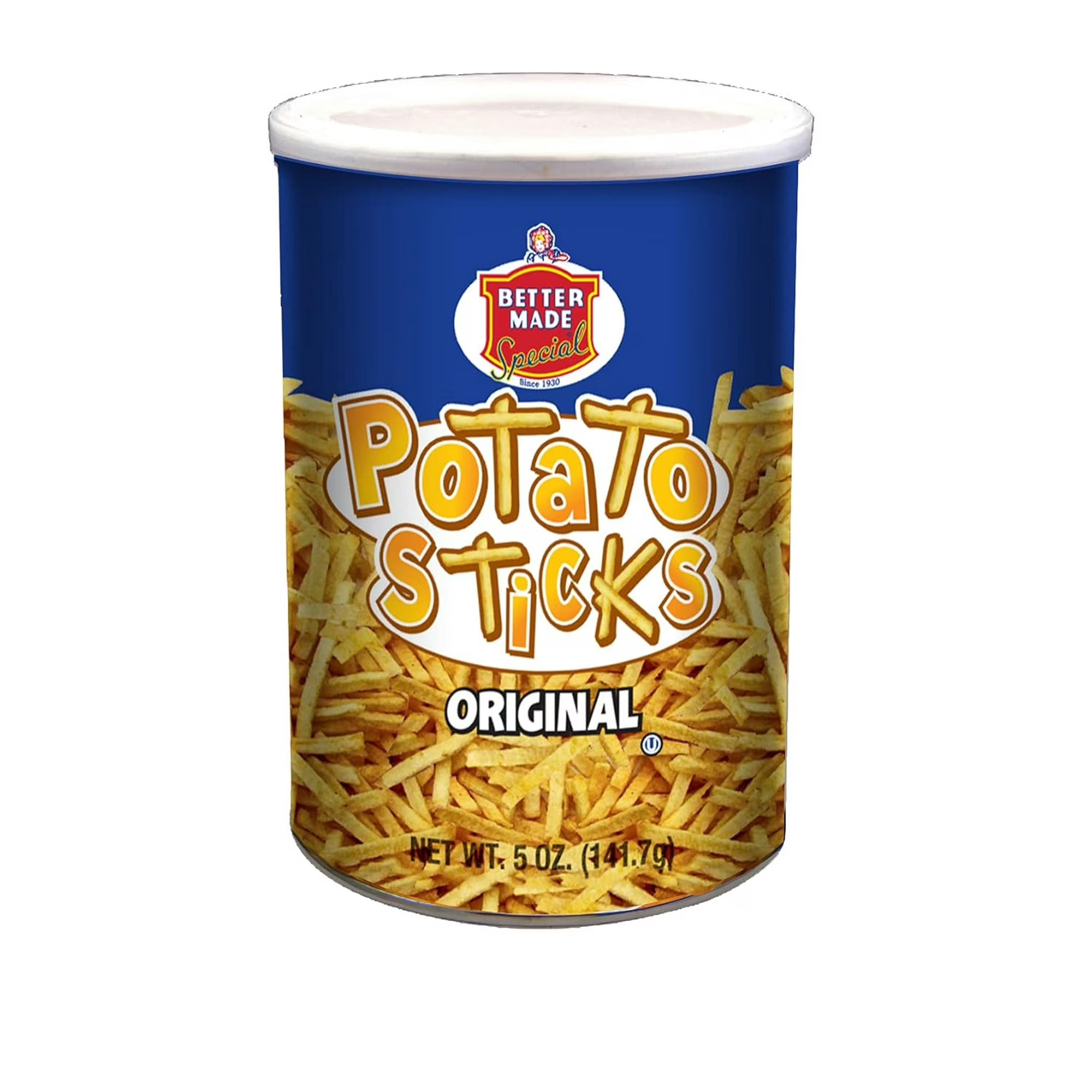 Better Made Potato Sticks Canister red cylinder packaging