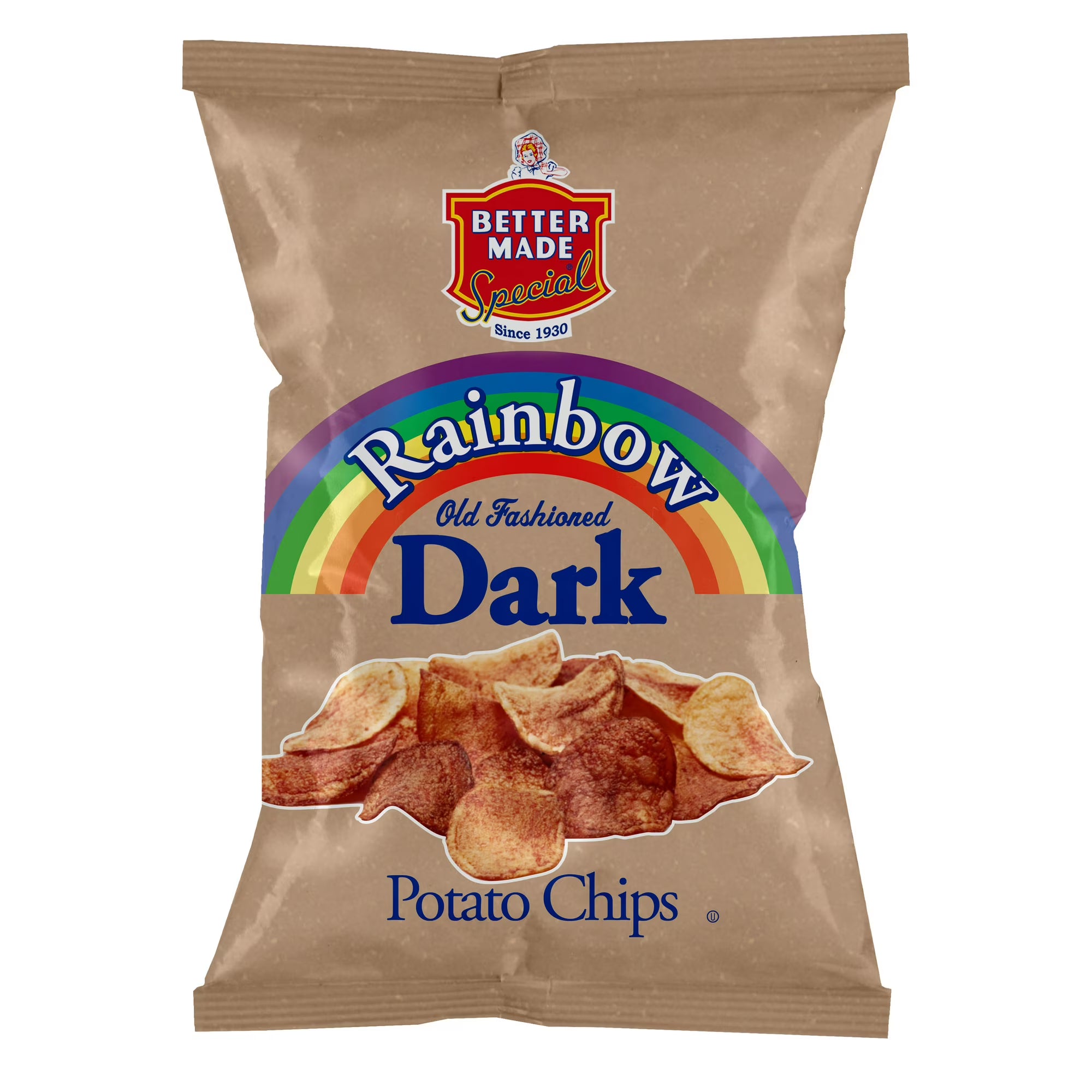 Better Made Rainbow Old Fashioned Potato Chips bag dark cooked chips