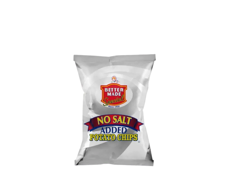Better Made No Salt Added Potato Chips white and light blue bag