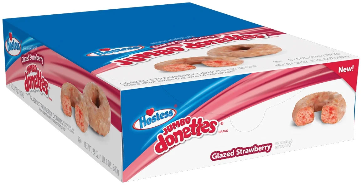 Enjoy the sweet, fruity flavor of Hostess Jumbo Donettes Glazed Strawberry at Sweet Cakes Shop in Detroit! Soft, glazed, and bursting with strawberry goodness!