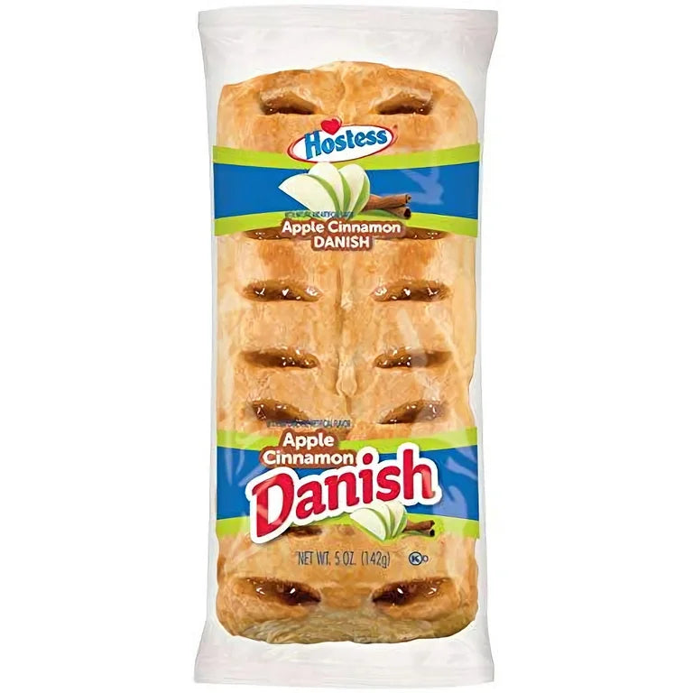 Hostess Apple Cinnamon Danish pastry with icing drizzle in clear wrapper