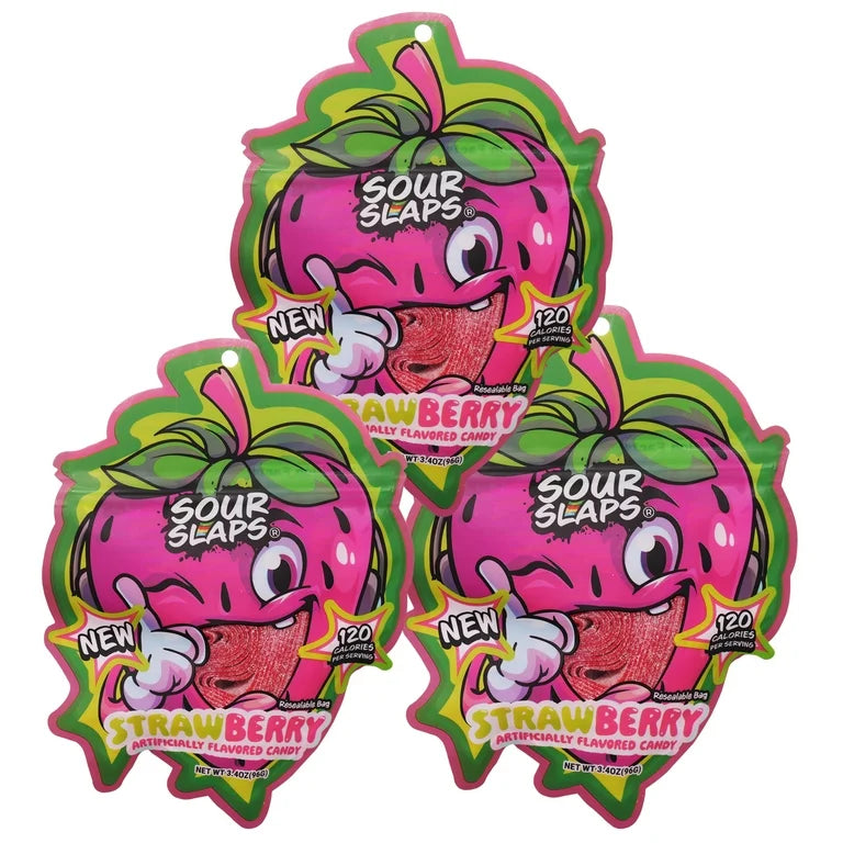 Sour Slaps Strawberry candy—thin, chewy, and coated in sour sugar, available at Sweet Cakes Shop in Detroit.