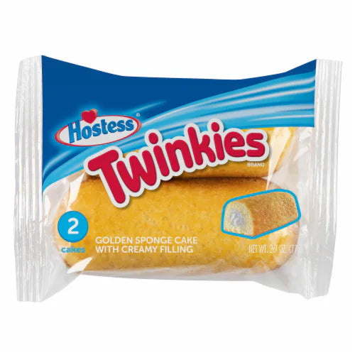 Hostess Twinkies on display at Sweet Cakes Shop, showcasing delicious golden sponge cakes for dessert lovers.