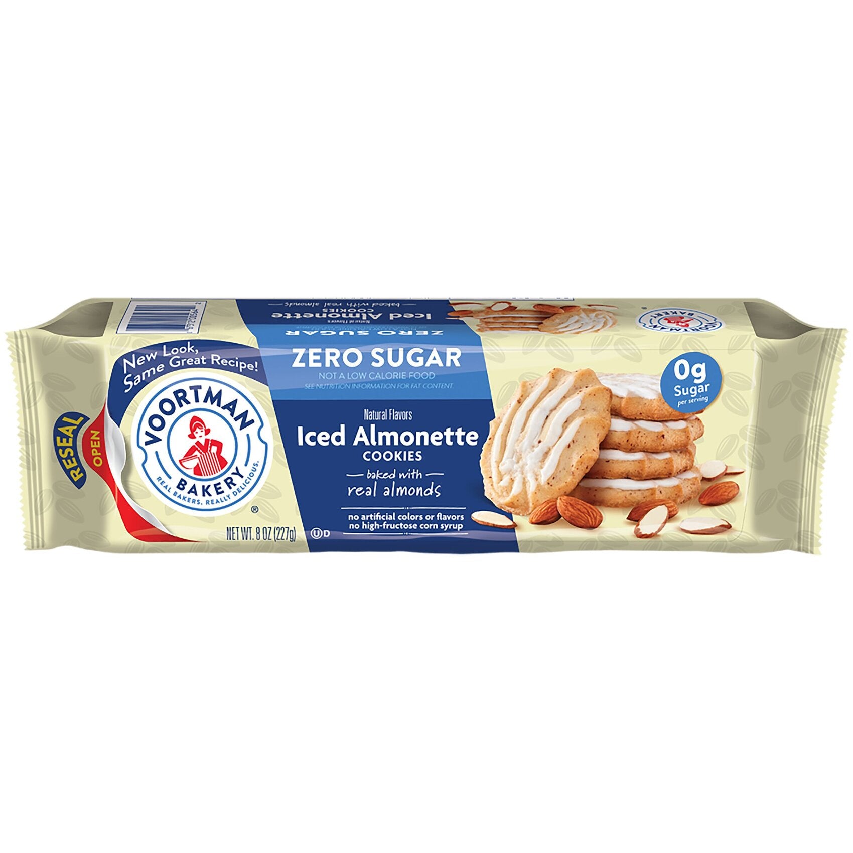 Voortman Iced Almonette Cookies with real almonds, stacked on a white background