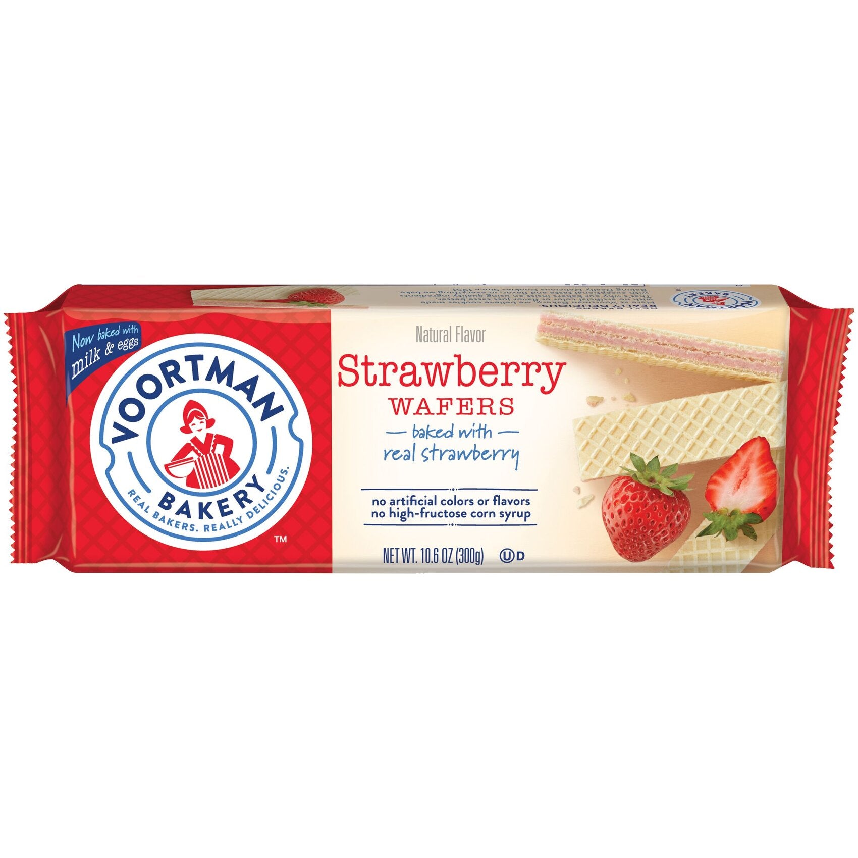 Voortman Strawberry Wafer cookies stack on a white background.