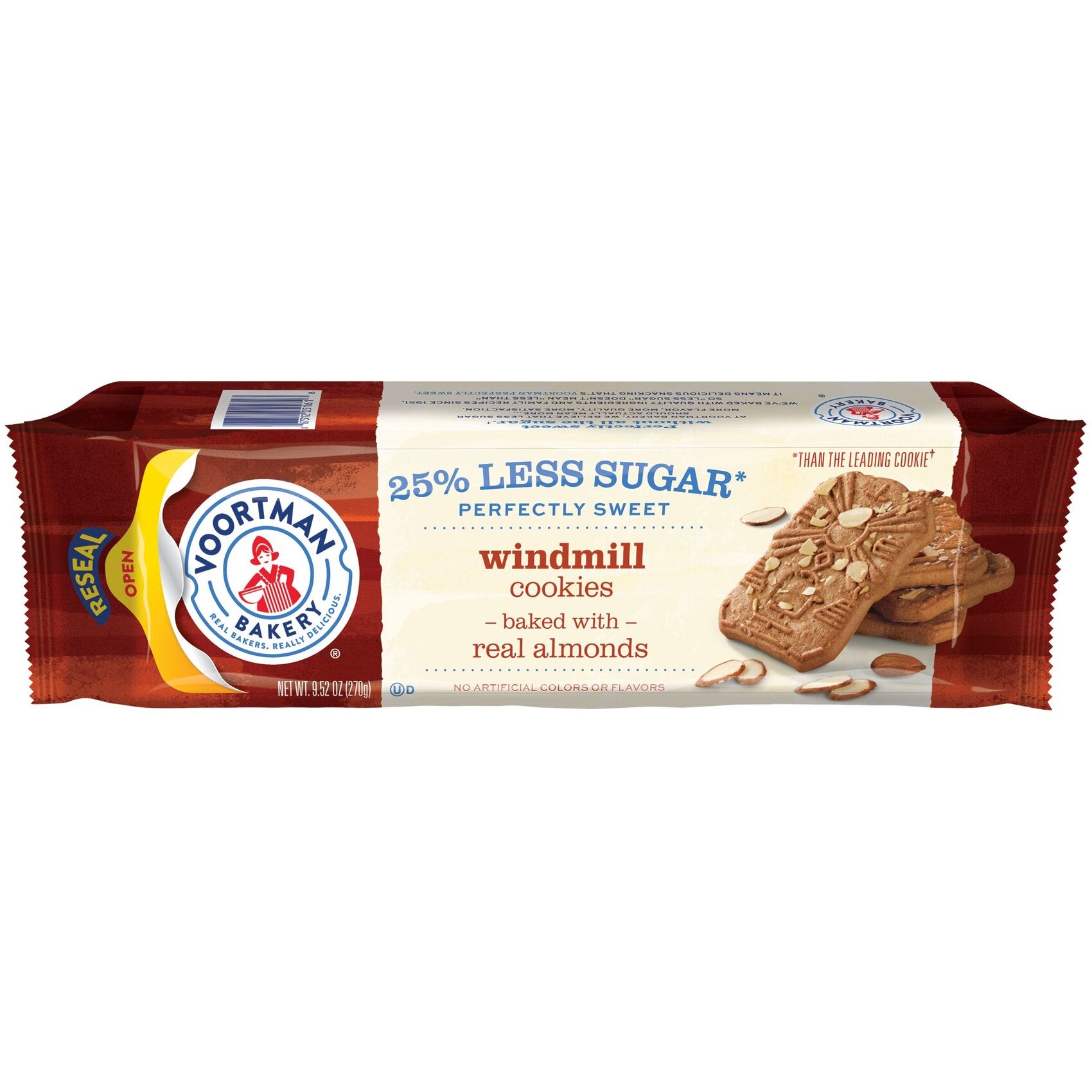 Voortman Windmill Cookies 25% less sugar packaging with almond slices